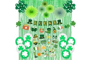 LECONCES St Patricks Day Decorations Set, Green Foil Curtain Streamers Backdrop, Lucky Banner, Shamrock Balloon, Photo Booth Props,Green Paper Fan Decorations for Saint Patrick Party Favors Supplies