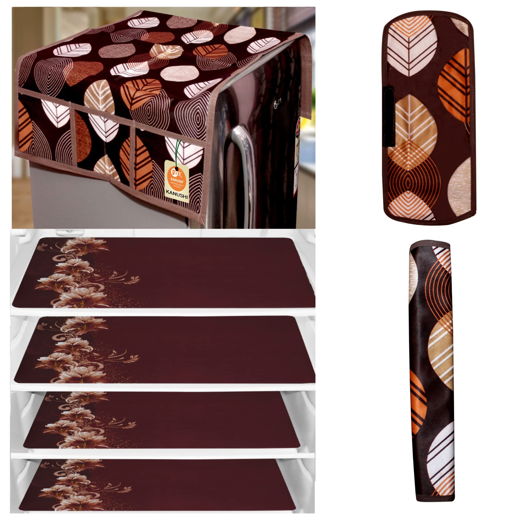 KANUSHI IndustriesÂ® 1Pc Fridge Cover for Top with 6 Utility Pockets + 2 Handles Covers + 4 Fridge Mats (FRI-Brown-Long-LEV+2-Handle+M-11-04)
