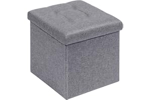Bonlife Folding Ottoman Storage Stool Cube,Small Footstool Seat Rest Toy Box Storage Chest for Living Room,Bedroom,Grey Linen Fabric,32x32x32cm