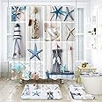 Coolchic 4 PCS/SET Nautical Shower Curtain with Non-Slip Rugs, Toilet Lid Cover and Bath Mat, Marine Sail Curtain, Durable Waterproof Boat Beach Shower Curtain, Toilet Mat