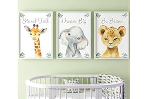 EVIEPOPS PRINTS Ensemble Animaux Safari de 3 Impressions Sans Cadre pour Chambre d'enfant Fille ou Garçon, Décoration Chambre Posters Décoratifs Muraux, Eléphant Girafe Lion, Dream Big Stand Tall Be Brave (A4)