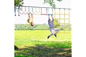 GENTLE BOOMS SPORTS Ninja Warrior Hindernisparcours für Kinder 2×56ft Slackline Set für 5+ Jährige mit Monkey Bars Leiter Klettern Griffe Pulley Disc Baumschwinge Gymnastikringe Outdoor (11 Obstacles)