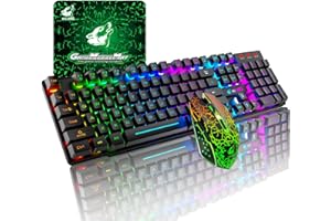 URCHOICELTD T3 Juego de teclado y ratón inalámbricos 2.4 G recargable de tacto mecánico impermeable con retroiluminación arco iris +2400 DPI ópticos de arco iris LED Ratón para juegos+Alfombrilla de ratón(negro)