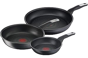 Tefal Unlimited On G25591 Set di 3 padelle da 24/28 cm e pentola wok da 28 cm, rivestimento antiaderente antigraffio e segnale termico, tutti i piani cottura + induzione, facile da pulire, nero