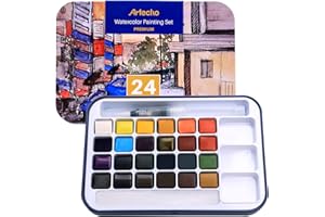 Artecho Lot de Peintures Pour Aquarelle Avec Pinceau Inclus, 24 Couleurs Eclatantes, Léger et Portable, Idée Cadeau Parfaite Pour les Artistes Débutants ou Professionnels