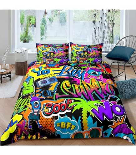 Graffiti Bettwäsche-Set 3-teilig – Mikrofaser, Mit Reißverschluss, Für Jungen & Mädchen, Single 135x200 Cm
