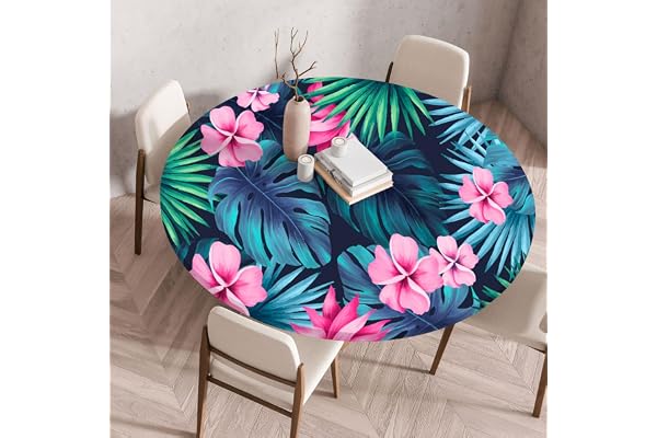 Morbuy Nappe Ronde Ajustée Élastique, Feuilles de Monstera Style Tropical Nappes Imperméable et Anti Tache Nappe Ronde avec Bord Élastique Couverture de Table (Diamètre 60cm,Fleurs Roses)