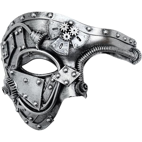 Maschera Metallo Steampunk Cyborg - 2 Pezzi, Argento, Per Cosplay E Feste