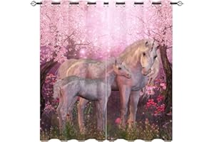‎YUANZU YUANZU Weißes Einhorn Vorhänge Stute und Fohlen Blühende Kirsche Bäume Ösen Gardinen mit Blickdichte Vorhang Blackout Curtain Kinderzimmer Schlafzimmer Verdunkelung Fenster, 2 Stück, H 137 x B 132 cm