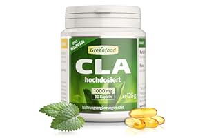 ‎GREENFOOD CLA Kapseln, hochdosiert, 1000mg - 90 Softgels. Konjugierte Linolsäure - natürliches CLA aus Distelöl. OHNE künstliche Zusätze - laborgeprüft. Von Greenfood.