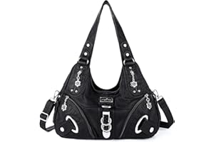 Angel Kiss Two Top Zippers Closure Multiple Pockets Handbags Washed Leather Purses Shoulder Handbags AK11282 (Brown) …