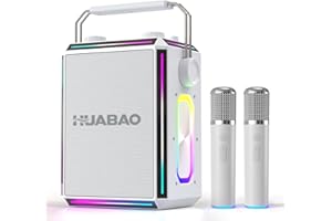 HUABAO Portable Bluetooth Karaoke Speaker with 2 Wireless Microphones, RGB Lighting, Treble and Bass Control, Voice Effects, AUX/USB/TF/OTG/6.5mm Input, Party Speaker (White)