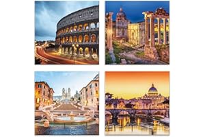 LuxHomeDecor Quadri roma 4 pezzi 30x30 cm Stampa su Tela con Telaio in Legno arte arredo