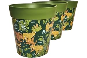 Hum Flowerpots, 22 cm, Lot de 3, Divers Motifs, Coloris et Tailles, Pots de Fleurs en Plastique Intérieur/Extérieur Léopards de la Jungle