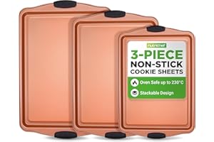 NutriChef Non-Stick Baking Tray Set 3-Piece, Stackable Carbon Steel Oven Trays, Cookie Sheet, Copper Bakeware with Black Silicone Handles, Space-Saving Kitchen Pans