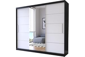 Fabryka Mebli Idźczak Schwebetürenschrank Alba 250 cm, Schiebetürenschrank mit Spiegel, Kleiderschrank Kleiderstange und Einlegeboden, Schlafzimmerschrank, Schiebetüren, Modern Design (Schwarz/Weiß)