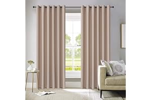 ROOEE Insulated Heavy Thick Thermal Blackout Curtains Eyelet Ring Top Pair – Ideal for Living Room, Bedroom, Guest Room and Kids Bedroom (Beige, 66" Wide x 72" Drop)
