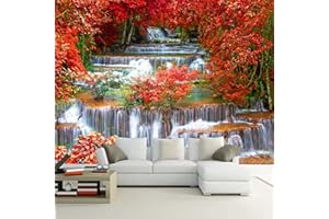 Msrahves papier peint panoramique 3d Jungle cascade rouge feuilles d'érable Papier peint intissé murales panoramique 3D tv fond d'écran Decoration Murale XXL Poster Salon Appartement Photo d'art