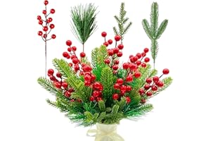 ‎JADEUNM 60 Stück Tannenzweige Künstlich Wie Echt,Weihnachten Künstliche Tannenzweige Rote Beeren Gefälschte Kiefernzweige Kiefernnadel Tannennadeln für DIY Adventskranz Kranz, Girlande Weihnachten Deko
