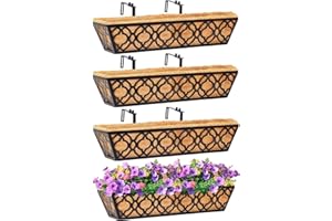 HFHOME 4Pcs 24"/60.9cm Railing Planter Box, Metal Wall Trough Rail Planters with Coco Liner and Adjustable Brackets, Gardening Kit for Window Box Porch Balcony Fences