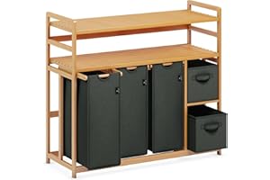 ADEL DREAM Wäschekorb 5 Fächer 2 Regale Wäschesammler 190L Wäscheboxen Mit Korb Wäschesortierer mit 3 Wäschesäcken & 2 Stoffboxen Wäschesack Bambus Wäscheregal Wäschebox Laundry basket Dunkelgrau