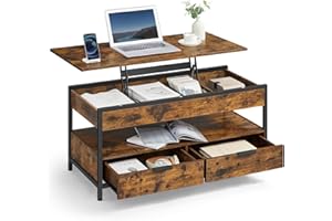 VASAGLE Mesa de Centro Elevable, Mesa de Salón, con Cajones de Almacenamiento, Compartimentos Ocultos y Estante Abierto, 50 x 100 cm, Marrón Rústico y Negro Tinta LCT209K01