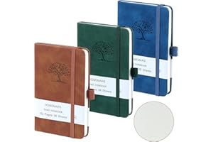 HOMEMARS Carnet de Notes, Pointillé, Petit Cahier, 3 Paquet, Vert Marron Bleu, A6, Cahier de Note, Carnet de Voyage, 14.4 cm x 9.6cm, 192 Pages Chacune, Motif d'arbre en Relief
