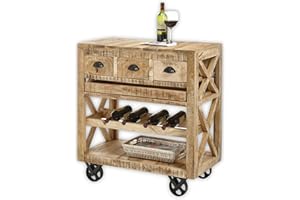 ‎STELLA TRADING Stella Trading Vintage Barwagen Massivholz Mango mit herausnehmbaren Tablett - Praktischer Servierwagen für Küche, Wohn- & Esszimmer - 86 x 93 x 46 cm (B/H/T)