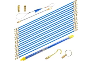 SUNDEER 50' Fiberglass Electrical Connectable Fish Tape Pull Kit, Cable Rod Set with Hook and Hole Kit in Transparent Tube (Blue, 15Rods x 1M)