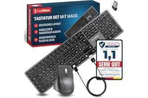 ‎FREEVOICE freeVoice Tastatur Maus Set kabellos & wiederaufladbar I Leise Bluetooth Tastatur mit deutschem Layout I Flaches Keyboard inkl. Funkmaus für PC, Laptop, Büro & Home-Office Wireless Keyboard