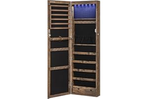 ‎SONGMICS SONGMICS Szafka na biżuterię wisząca zamykana szafka z lustrem, szafka ścienna z lustrem i licznymi przegródkami, montowana na ścianie, wisząca na drzwiach, na naszyjniki, kolczyki, vintage, ciemny brąz JJC93CB