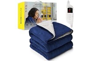 MONHOUSE Copriletto Riscaldato Coperta Elettrica Comandi Digitali Timer Fino A 9 Ore, 9 Impostazioni di Riscaldamento – Lavabile in Lavatrice - Singola 130X160Cm - Navy Shearling