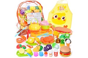 Fegalop 47pcs Pretend Play Cutting Food Toys for Kids, Kitchen Set with Children Apron Kindergarten Educational Learning Toys for Boys and Girls Cooking Time