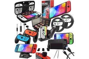 Orzly Geek Pack pakiet akcesoriów kompatybilny z Nintendo Switch: Etui i osłona ekranu, uchwyty Joycon i kierownice wyścigowe, stacja ładująca kontroler, pokrowiec i więcej, kolor: czarny, JetBlack
