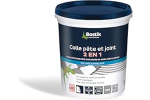 Bostik Colle Pâte et Joint 2 en 1 – Colle Carrelage Mural Améliorée et Joint de Carrelage Prêt à l’Emploi – Idéale pour Cuisine et Salle de Bain – Gris – Seau de 1,5 kg