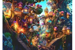 Fantasy Houses in Forest Jigsaw Puzzle 1000 Pieces, Colourful Magic Lighting Tree House Fairyland for Home Decoration Puzzle Gifts for Family Friends Games