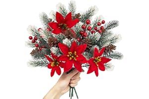 ‎SHEPIN SHEPIN 4 Stück Künstliche Tannenzweige mit Weihnachtsstern u. Roten Beeren wie echt, Kunstblumen Weihnachten Zweige Weihnachtsblumen Künstlich Weihnachtsstrauß Weihnachtszweige Deko (Frostweiß)