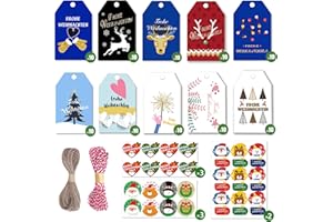 YITLA Geschenkanhänger Weihnachten,100Stk Weihnachten Etiketten Geschenkanhänger Kraftpapier,Geschenkanhänger Anzug Weihnachtssticker+200 Füße Seil,Weihnachtsanhänger für Geschenke verpackung Decor (A)