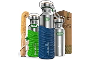 Blockhütte Butelka na napoje ze stali nierdzewnej, 750 ml, nadaje się do napojów gazowanych, szczelna, bez BPA, metalowa, termos z silikonowym płaszczem, dla dzieci, dorosłych, do uprawiania sportu