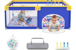 UISEBRT Lekhage för babylekhage 150 x 180 cm lekhage för baby med 50 havsbollar och 4 dragringar, bärväska, vikbart lekgaller med ventilerande nät för barn, blå med djurmotiv