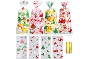 GWHOLE Sachet Biscuit Noel Lot de 200 Sachet Plastique Transparent Sacs à Bonbons Noël à Quatre Motifs Pochette Sachet Transparent Chocolat Biscuit Sacs de Cadeaux - 27 x 12 cm
