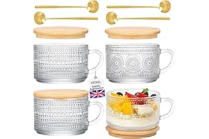 VZOXL 4 Pack Vintage Glass Coffee Mugs with Bamboo Lids and Spoon,14oz Embossed Glass Tea Cups,Clear Latte Glasses with Handle,Stackable Mugs for Cappuccino,Cereal,Yogurt, Milk