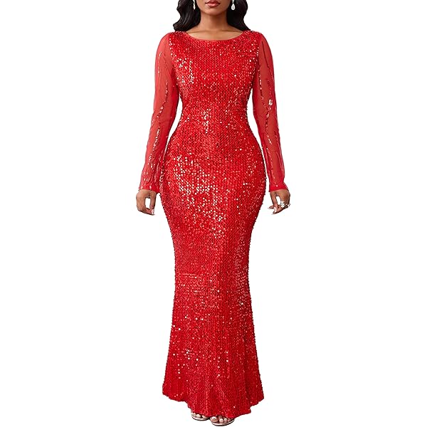 VERWIN Jurk met pailletten voor dames, bodycon, ronde hals, lange mouwen, fonkelende zeemeermin-maxi-jurk, casual, feestjurk, cocktailjurk, Zwart, L