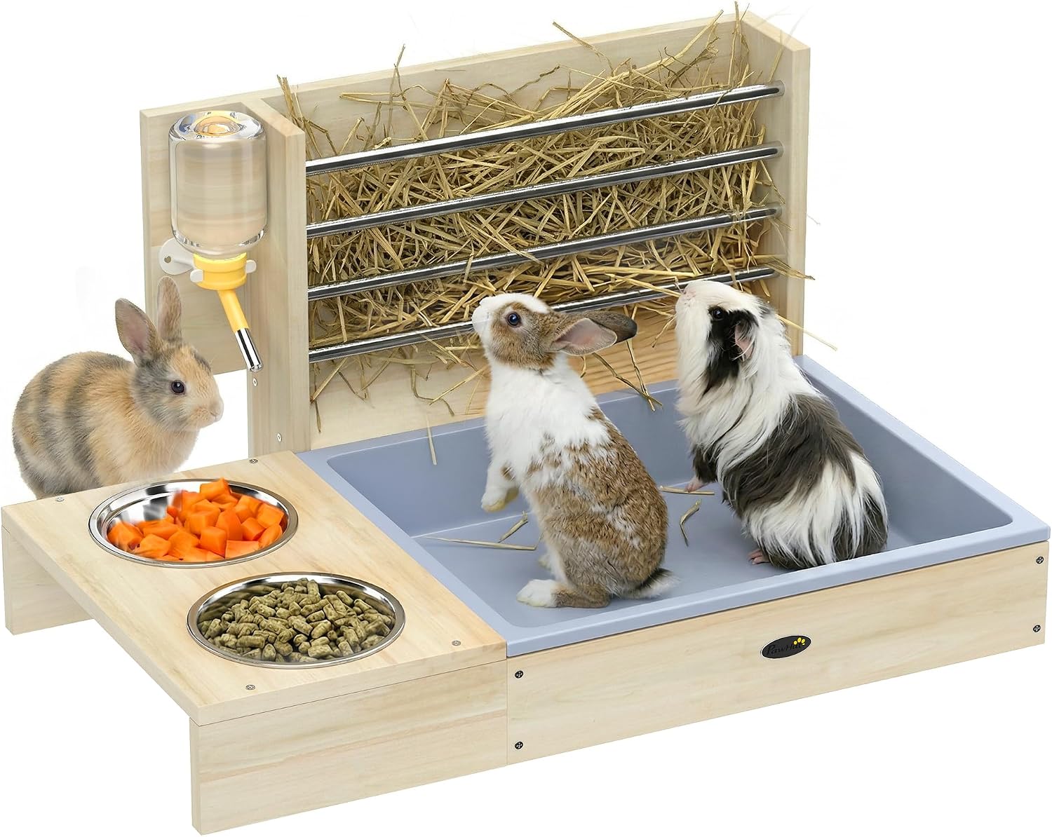 PawHut Comedero de Heno para Conejos con Bandeja, Alimentador de Heno de Madera con Cuenco de Acero Inoxidable y Botella de Agua, para Cobayas, Chinchillas, Gran Capacidad y Prevención de Residuos