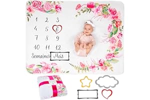 ODOXIA Couverture Etape Bébé en Français | Tapis Mois Bebe Garçon Ou Fille, Unisexe | Thème Fleurs, Feuilles | Cadeau Baby-Shower Personnalisé Jeunes Mamans | Tapis Photo Bebe | Doux, Confortable