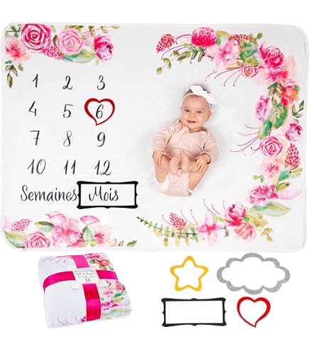 Couverture Étape Bébé En Français - Tapis Évolution Garçon Fille - Mignon Coeurs Lapin - 120x100cm