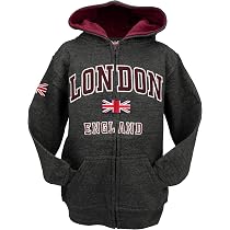 Sweat à Capuche London England Unisex - Charcoal, 50% Coton, Broderie Union Jack - Taille XS à 2XL