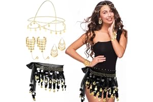 Beipegin 6 Pieces Belly Dancer Costume Women Belly Dance Hip Scarf Black Sequin Skirt Gypsy Headpiece Gold Coin Earrings Bracelet Dance Skirt for Performance Costume Dance Game Wedding Party