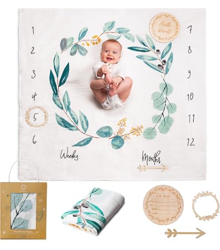 Mud Pie Baby Milestone Blanket & Frame Set - 1-12 Month Photo Prop, Muslin & Felt, Newborn Growth Journal