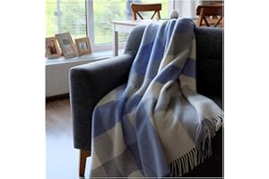 Linen & Cotton Flauschige, Anschmiegsame und Warme Decke Wolldecke Kariert Wohndecke Kuscheldecke Devon - 100% Reine Neuseeland Wolle, Blau/Grau/Weiß (140 x 200 cm), Sofadecke/Überwurf/Schurwolle